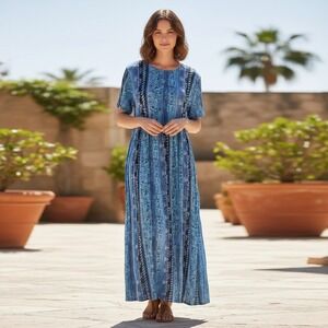 New Aura Maxi Dress Womens Size M Blue Florals Boho Cottagecore Short Sleeve NWT